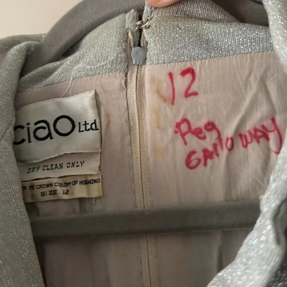 70s Silver Lurex Maxi Dress Disco Metallic Showgirl Shirt Collar Medium Vintage - Picture 9 of 9